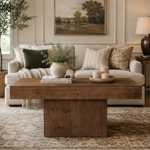May include: A rectangular wooden coffee table with a thick top and a central pedestal base. On the table sits a white ceramic vase with greenery, two stacked books titled This Is Home and Live Beautifully, and a wooden bowl with three candles.