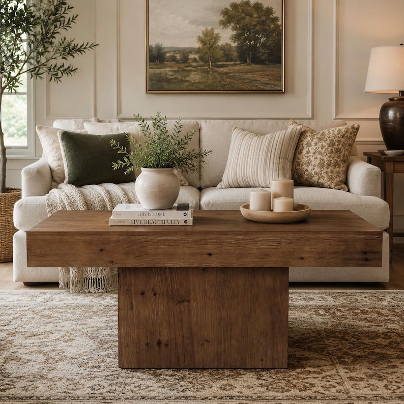 May include: A rectangular wooden coffee table with a thick top and a central pedestal base. On the table sits a white ceramic vase with greenery, two stacked books titled This Is Home and Live Beautifully, and a wooden bowl with three candles.