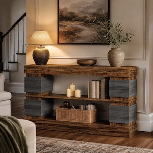 May include: A rectangular wooden console table featuring a dark brown wood grain finish, accented by two gray textured block supports on each side. The table includes a lower shelf holding three pillar candles, books, and a woven wicker basket.