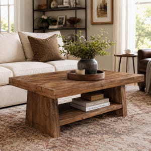 May include: A rectangular coffee table made of brown wood with a thick top and a lower shelf. The table features a dark wood grain finish and wide, sturdy legs. On the top sits a round wooden tray holding a green plant in a dark gray vase.