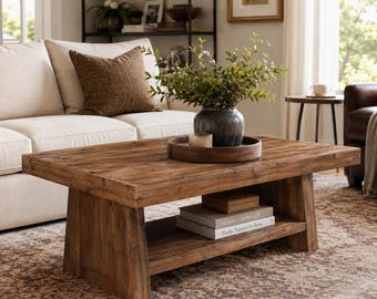 Rustic Wood Coffee Table With Open Storage Shelf