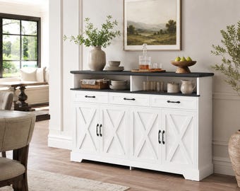 Farmhouse Buffet Cabinet With Storage, White Sideboard Coffee Bar With Charging Station