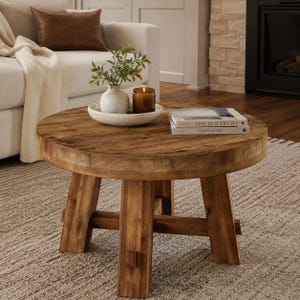 Round Solid Wood Coffee Table with Thick Top, Farmhouse Style