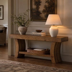 May include: A rectangular wooden console table with curved legs and a lower shelf. On top sits a white ceramic table lamp with a fabric shade, a textured ceramic vase with greenery, a small bowl, and two books titled The Art of Home and Down to Earth.