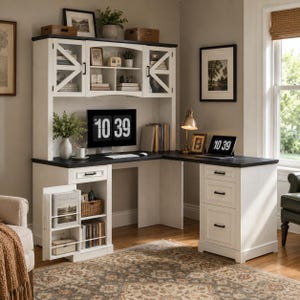 May include: An L-shaped desk with a hutch in a white finish and a dark wood top. The hutch features two glass-front cabinets with X-pattern detailing and open shelving. The desk includes a side cabinet with a pull-out shelf and three drawers.