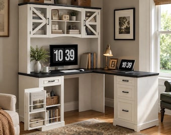 L Shaped Executive Desk With Hutch, Drawers & Storage Cabinet