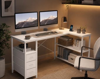 L Shaped Computer Desk With Drawers Shelves Power Outlet For Home Office