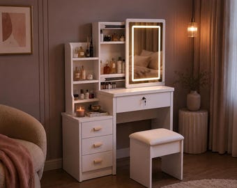 White Makeup Vanity Desk with Lighted Mirror Storage Drawers and Stool