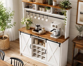 Farmhouse Coffee Bar Cabinet With Hutch, Wine Rack, Mug Hooks & Sliding Barn Doors