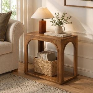 May include: A rectangular wooden side table featuring arched side supports and a lower shelf. On the tabletop sits a lamp with a cylindrical wooden base and a beige shade, a white ceramic vase with greenery, and a book titled Live Beautiful.
