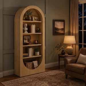 May include: A light-colored wooden bookshelf with an arched top. The shelves display books, a bust, framed pictures, a globe, a candle, and a small potted plant. A woven basket sits on the bottom shelf. The room has a warm, inviting atmosphere.