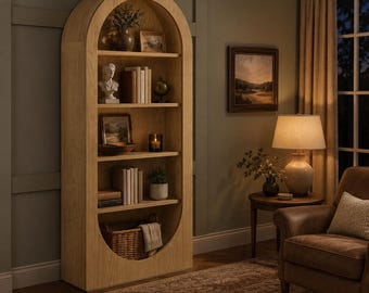 Arched Wood Bookcase With 5 Tier Open Display Shelves