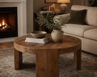 Rustic Round Coffee Table, Solid Wood Farmhouse Living Room Table