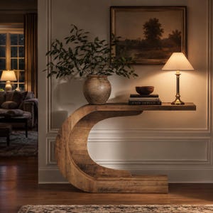 May include: A C-shaped wooden console table with a natural grain finish. On top sits a large, round, textured ceramic vase filled with green leafy branches, a small dark wooden bowl, two stacked books, and a brass lamp with a white shade.