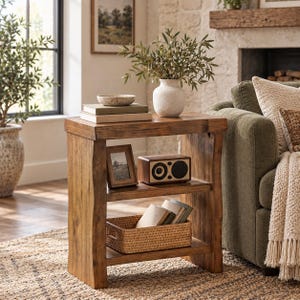 May include: A rectangular wooden side table with a natural live edge finish. The top surface holds a ceramic vase with greenery and stacked books. The middle shelf features a small picture frame and a wooden speaker. The bottom shelf contains a woven basket.