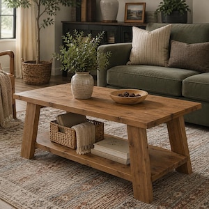 May include: A rectangular wooden coffee table with a natural brown finish, featuring a lower shelf for storage. The table has four sturdy, slightly angled legs and a smooth top surface. It is constructed from wood with visible grain patterns.