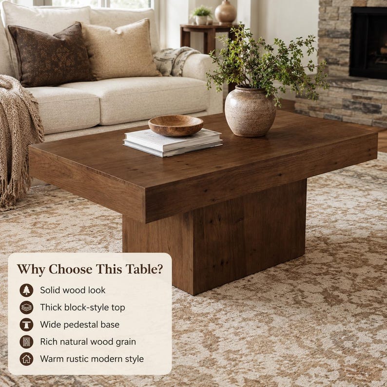 May include: A rectangular coffee table featuring a thick block-style top and a wide pedestal base, crafted from wood with a visible natural grain. The table surface holds a stack of books, a small wooden bowl, and a ceramic vase with greenery.
