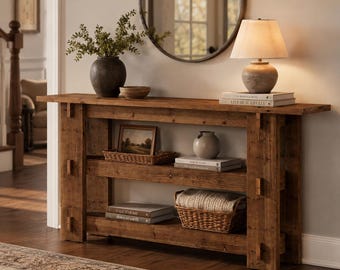 Rustic Wood Console Table With Storage Shelves for Entryway