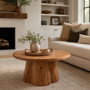 Solid Round Wood Coffee Table With Rustic Farmhouse Pedestal Base