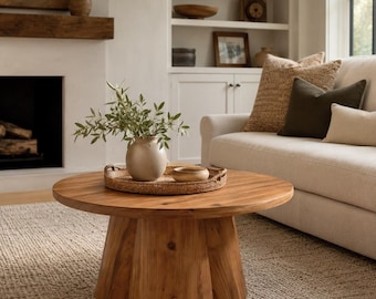 Solid Round Wood Coffee Table With Rustic Farmhouse Pedestal Base