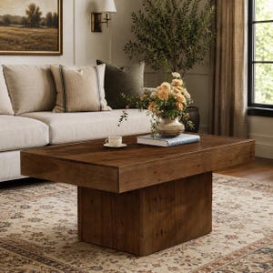 May include: A rectangular wooden coffee table with a thick, solid top and a wide, block-style pedestal base. The table features a natural brown wood grain finish and is positioned in a living space, supporting a small ceramic vase with flowers.