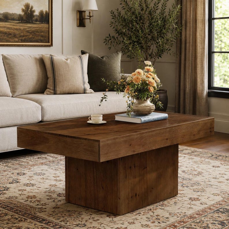 May include: A rectangular wooden coffee table with a thick, solid top and a wide, block-style pedestal base. The table features a natural brown wood grain finish and is positioned in a living space, supporting a small ceramic vase with flowers.
