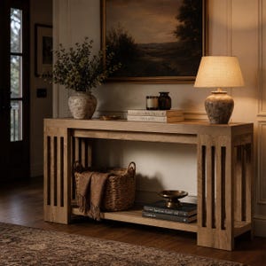 May include: A light brown wooden console table with slatted side panels and a lower shelf. The table holds a textured vase with greenery, a lamp with a beige shade, two stacked books, and a woven basket containing a brown textile.