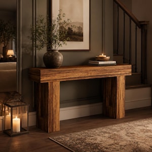May include: A solid wood console table with a warm brown finish. The table has a rectangular top and two thick, vertical supports. A decorative vase with greenery sits on the table, along with a small bowl and books. A lit candle sits on top of the books.