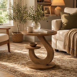 S Shaped Round End Table With 2 Tier Shelves, Wood Look Side Table