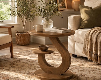 S Shaped Round End Table With 2 Tier Shelves, Wood Look Side Table