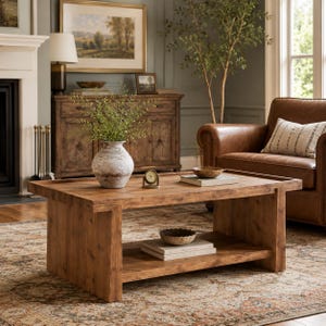 May include: A rectangular wooden coffee table with a natural finish, featuring a thick tabletop and a lower shelf. The table has a sturdy, block-style base design. It is crafted from wood with visible grain patterns and a smooth, flat surface construction.