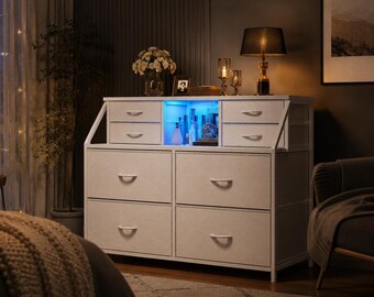 White Fabric Dresser with LED Lights Charging Station and 8 Drawers