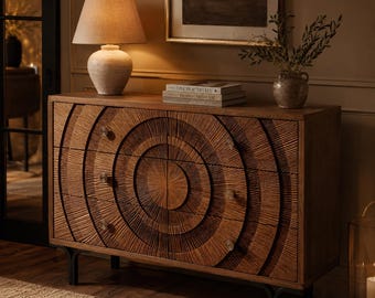 Wood Sideboard Cabinet With Carved Sunburst Front & Six Drawers