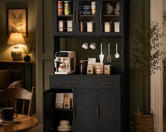 Farmhouse Coffee Bar Cabinet With Glass Doors, Hutch & Storage