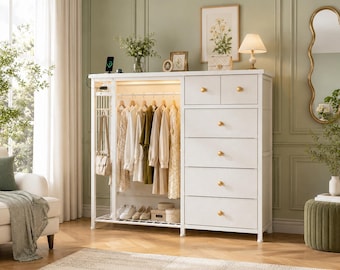 Storage Dresser With Hanging Rack, Milky White Fabric Organizer & LED Lights