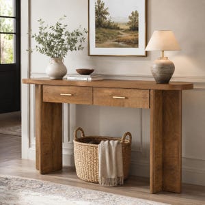 May include: A light brown wooden console table with two drawers featuring thin gold handles. The table has a smooth top surface, thick vertical legs, and a woven basket with a beige fabric draped over the front placed underneath the table.