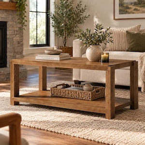 May include: A rectangular wooden coffee table with a lower shelf. The table features a natural wood grain finish, four sturdy legs, and a flat top surface. A woven rectangular basket sits on the lower shelf, while the top holds stacked books.