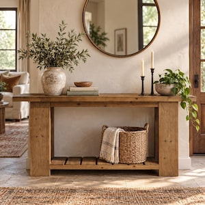May include: A rectangular wooden console table with a lower shelf, featuring a light brown finish. The table holds a ceramic vase with greenery, a wooden bowl, two stacked books, two black candle holders with candles, and a potted plant.