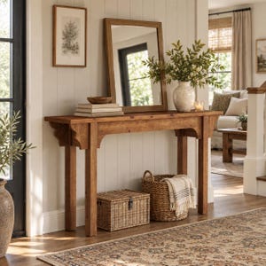 May include: A rectangular wooden console table with four legs and decorative brackets, featuring a stack of books, a wooden bowl, a mirror, and a vase with greenery on top. A woven storage chest and a round wicker basket with a throw blanket sit below.