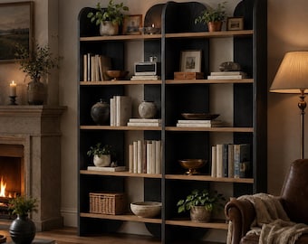 Wood Bookshelf With 5 Tiers, Rounded Open Shelves for Living Room
