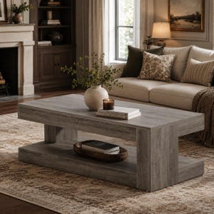 May include: A rectangular coffee table with a gray wood grain finish, featuring a thick top surface and a lower shelf. The table holds a round ceramic vase with greenery, a small candle, and two stacked books, with a wooden bowl on the lower shelf.