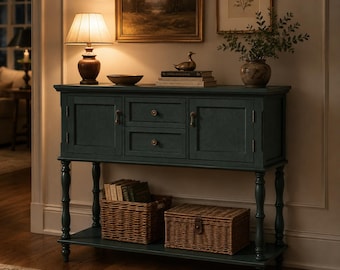 Farmhouse Console Table With Storage Drawers & Cabinets