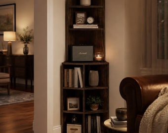 Rustic Corner Bookshelf With 6 Tier Display Shelves
