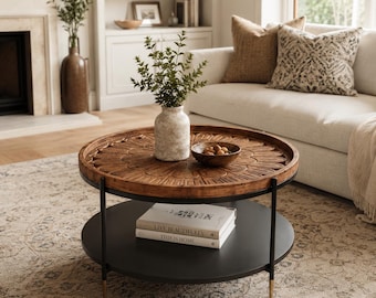 Round Wood Coffee Table With Carved Tray Top & Storage Shelf