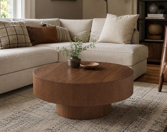 Walnut Round Coffee Table With Fluted Drum Base