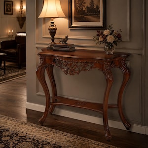May include: A dark brown, antique-style console table with ornate carvings and curved legs. A lamp with a beige shade, a small bird statue, and a vase of flowers sit on the table. The table is made of wood and has a lower shelf.