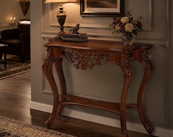 Antique Wood Console Table With Victorian Half Moon Carved Base