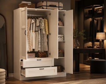 White Mirrored Wardrobe Armoire with Hanging Rod and Adjustable Shelves