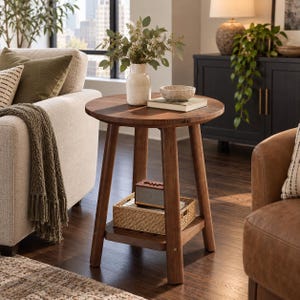 May include: A round wooden side table with a natural brown finish, featuring four tapered legs and a lower shelf. The table surface holds a white ceramic vase with greenery, a small speckled bowl, and a book. A woven basket sits on the lower shelf.