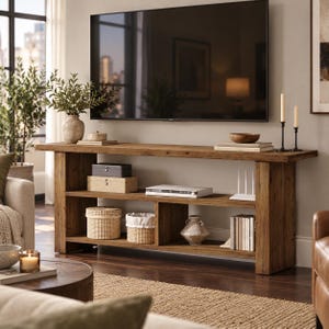 May include: A rectangular wooden media console featuring a natural brown wood grain finish, two open shelves, and a flat top surface. The console holds various decorative items including a potted plant, storage boxes, books, and a white router.